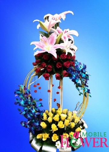 Lily orchid n roses basket  / mobile flower pune